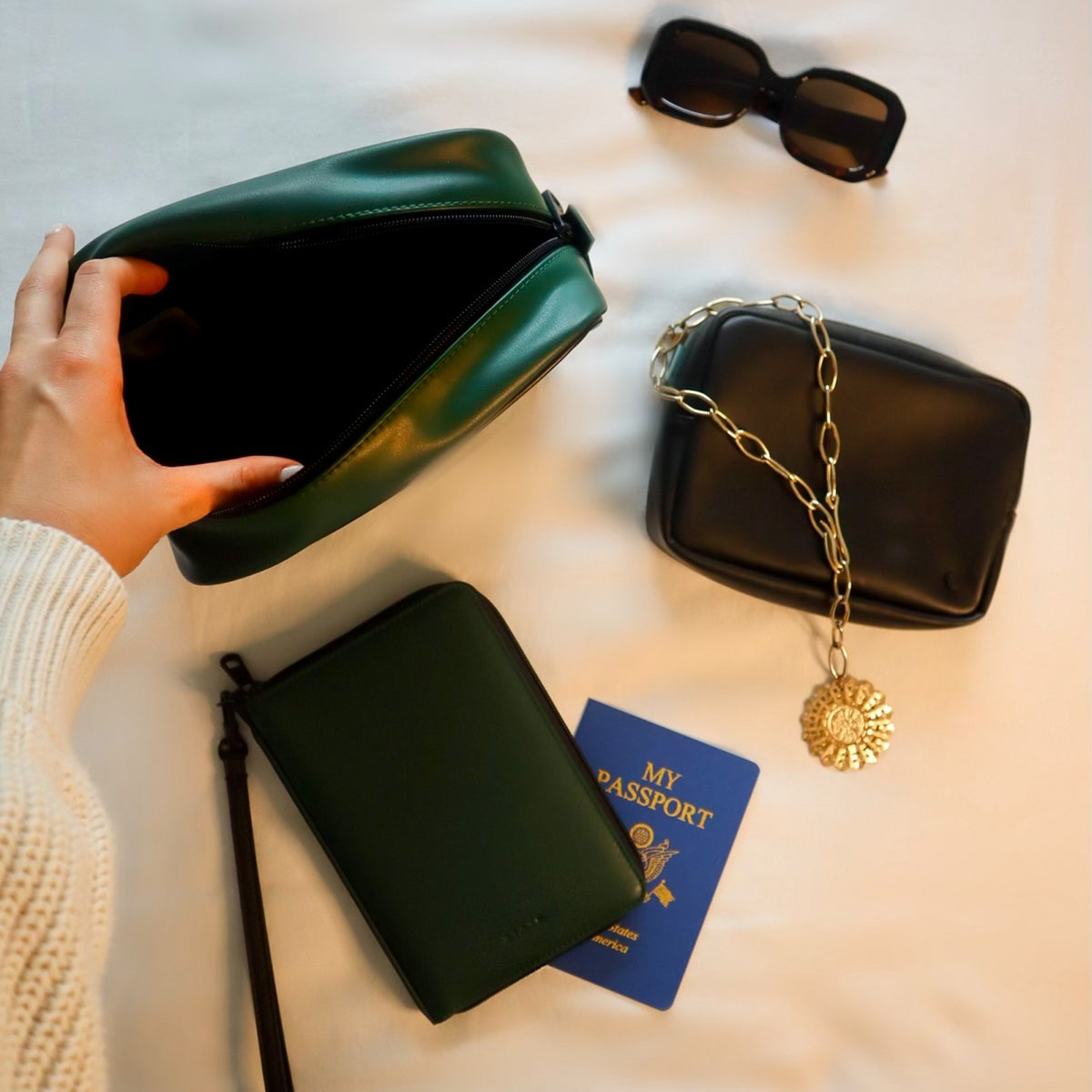 State Bags Travel Pouch Set of Two Vegan Leather Olive