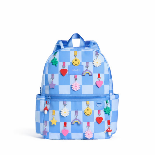 State Bags Kane Kids Travel Backpack Charms Blue Checkerboard