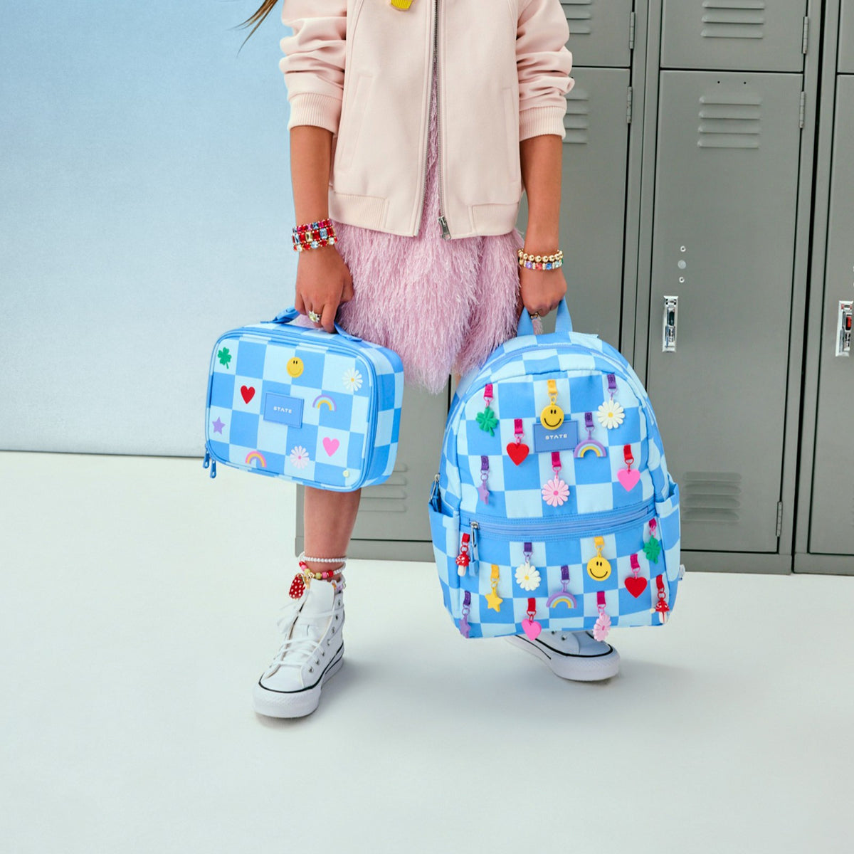 State Bags Kane Kids Travel Backpack Charms Blue Checkerboard
