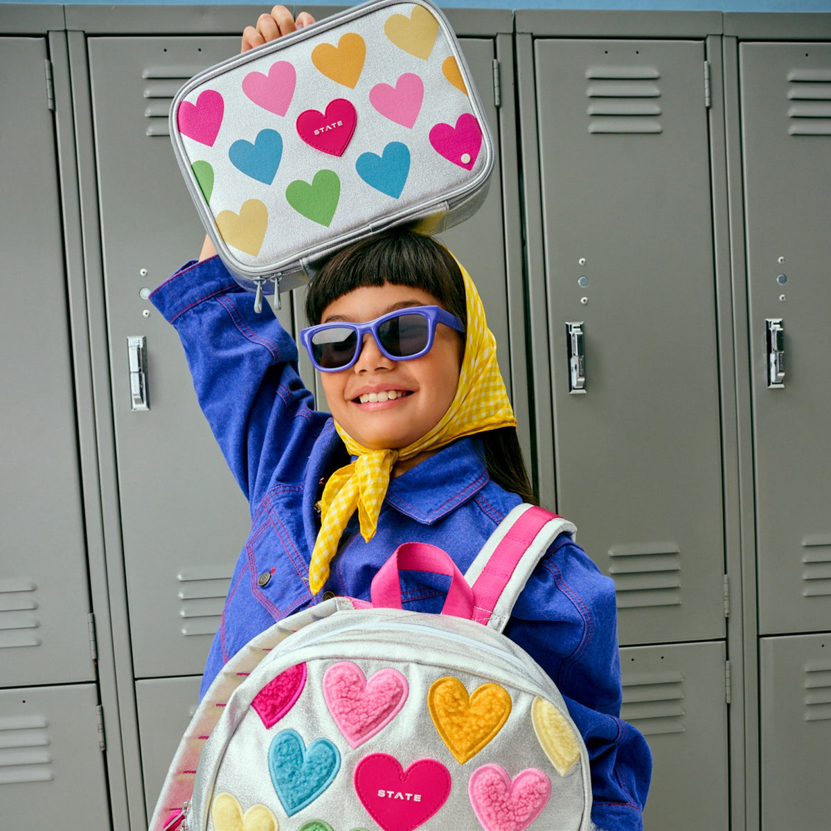 State Bags Rodgers Lunch Box Metallic Happy Fuzzy Hearts