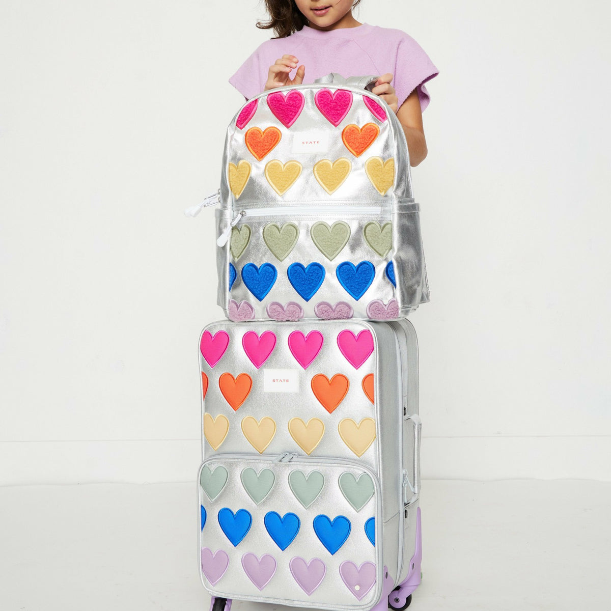 State Bags Logan Suitcase Metallic Patchwork Hearts