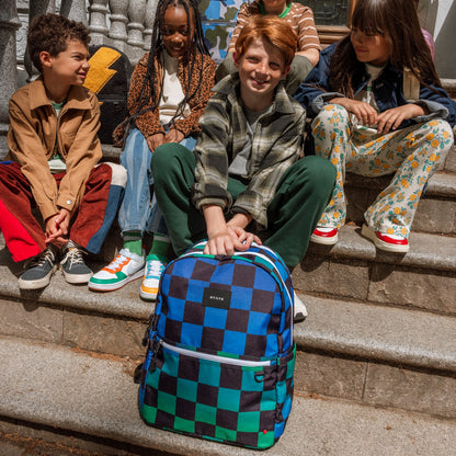 State Bags Kane Kids Travel Backpack Printed Canvas Blue Checkerboard