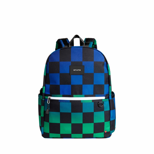 State Bags Kane Double Pocket Backpack Recycled Poly Canvas Blue Checkerboard
