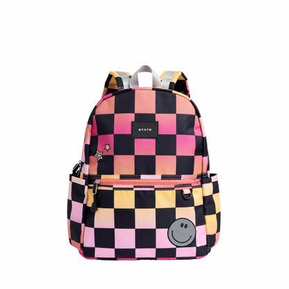 State Bags Kane Kids Double Pocket Backpack Recycled Poly Canvas Pink Checkerboard