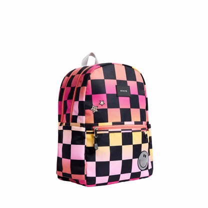 State Bags Kane Kids Double Pocket Backpack Recycled Poly Canvas Pink Checkerboard