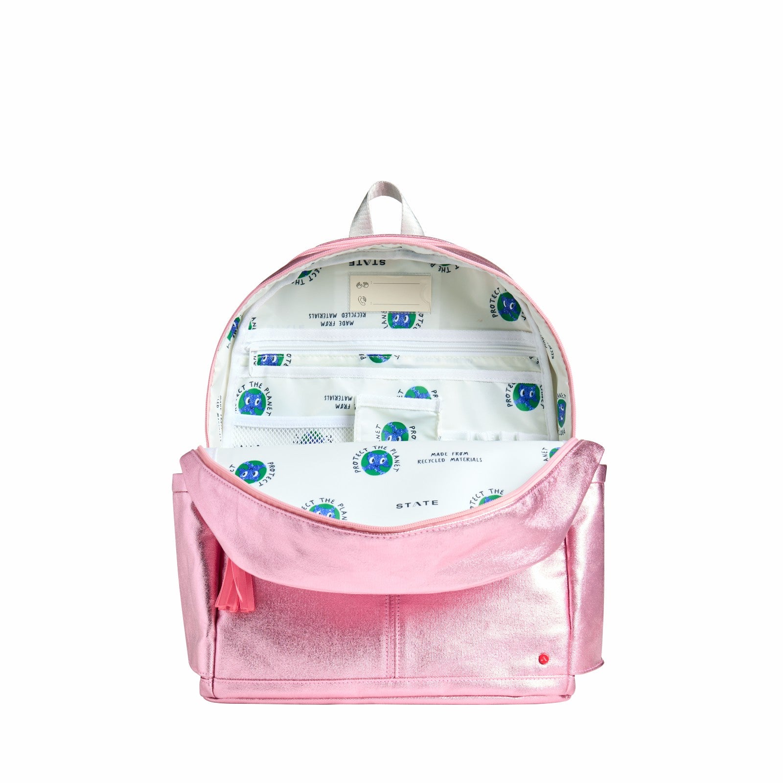 State Bags Kane Kids Double Pocket Backpack Recycled Poly Canvas Pink Checkerboard