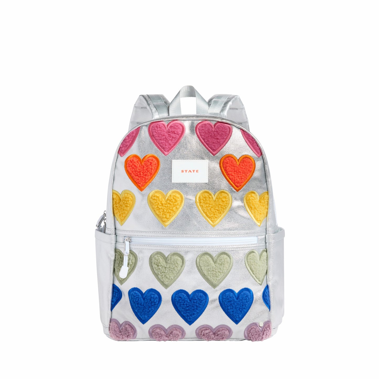 State Bags Kane Kids Double Pocket Backpack Metallic Fuzzy Hearts