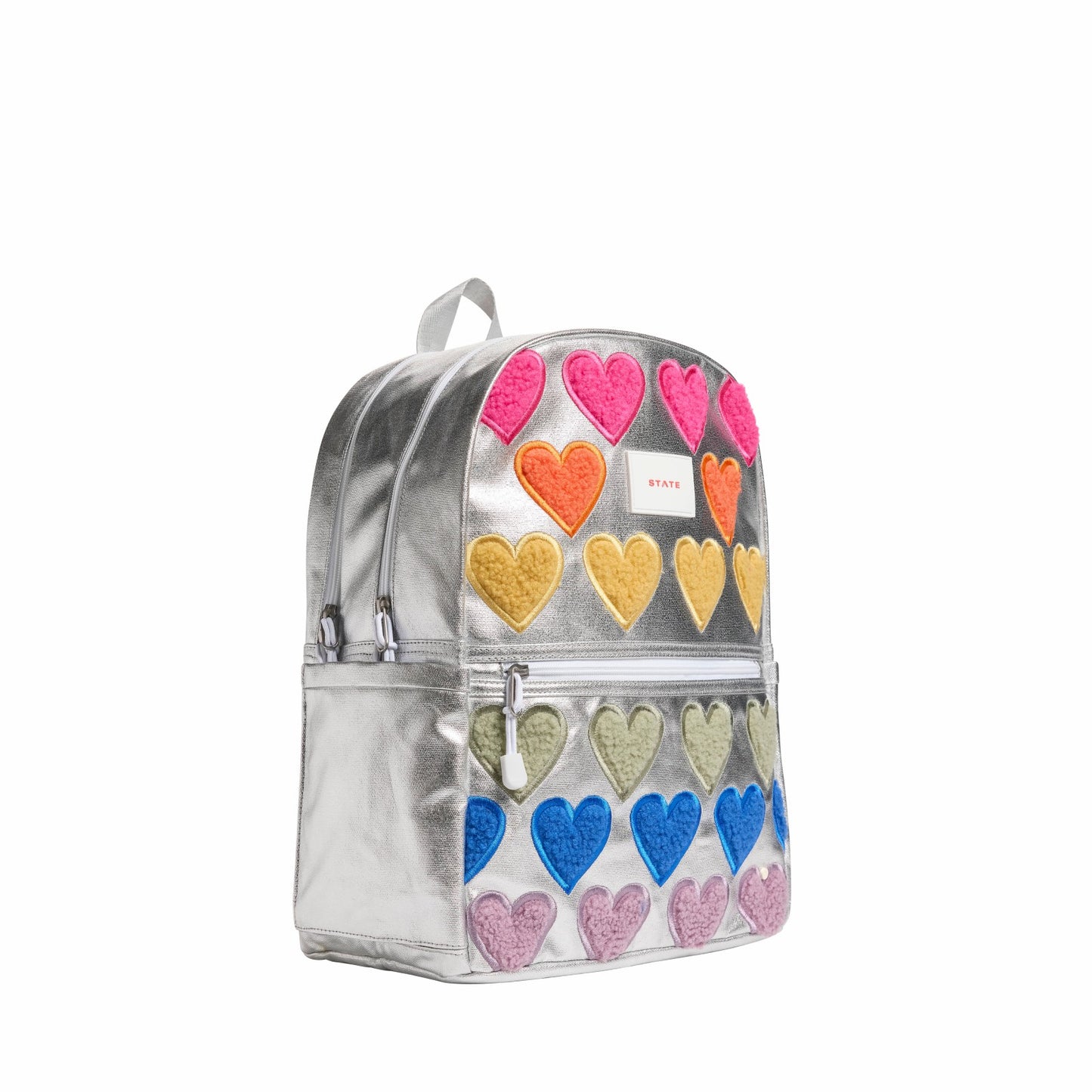 State Bags Kane Kids Double Pocket Backpack Metallic Fuzzy Hearts
