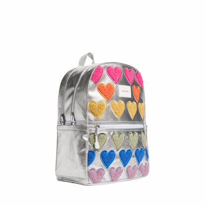 State Bags Kane Kids Double Pocket Backpack Metallic Fuzzy Hearts