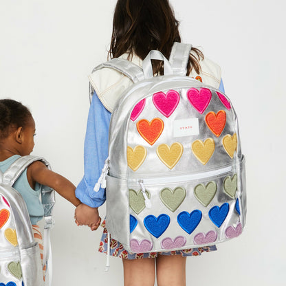 State Bags Kane Kids Double Pocket Backpack Metallic Fuzzy Hearts