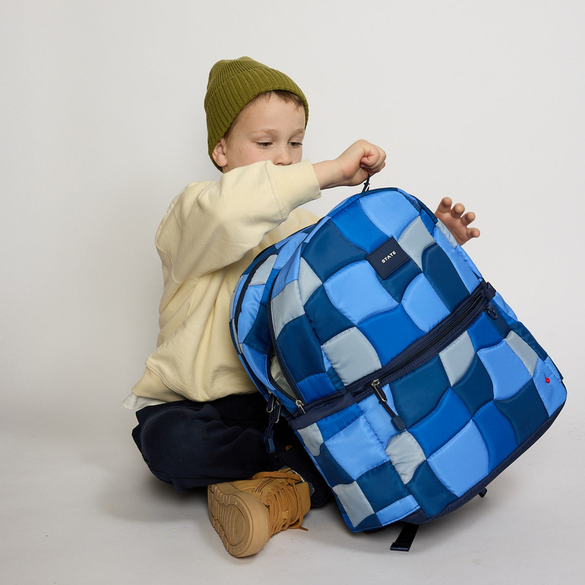 State Bags Kane Kids Double Pocket Nylon Puffer Blue Puffer Check