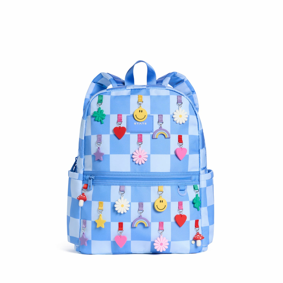 State Bags Kane Kids Double Pocket Backpack Recycled Polycanvas Charms Blue Check
