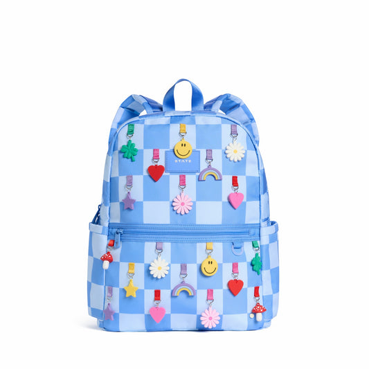 State Bags Kane Kids Double Pocket Backpack Recycled Polycanvas Charms Blue Check