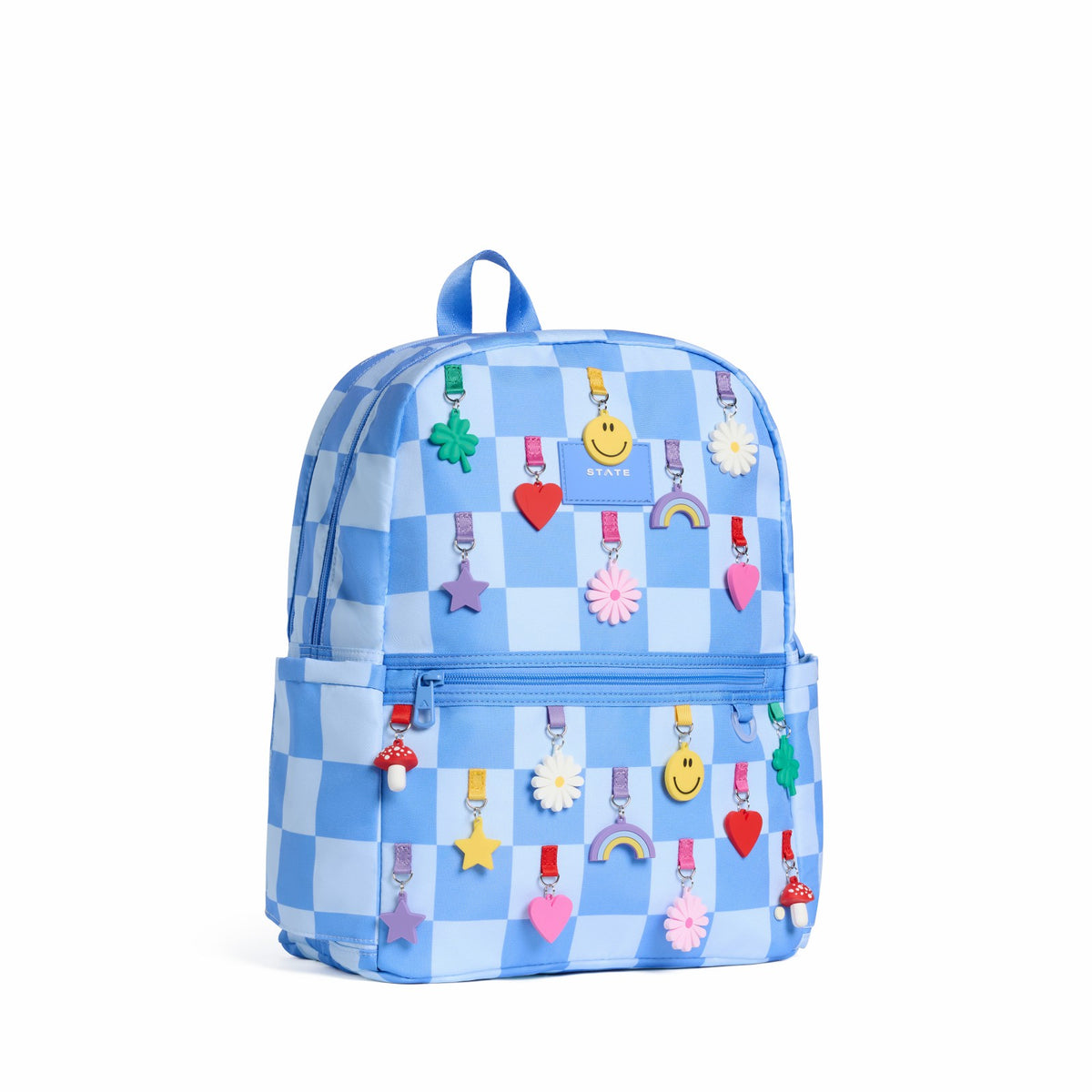 State Bags Kane Kids Double Pocket Backpack Recycled Polycanvas Charms Blue Check