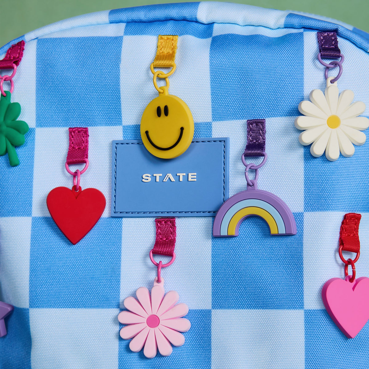 State Bags Kane Kids Double Pocket Backpack Recycled Polycanvas Charms Blue Check