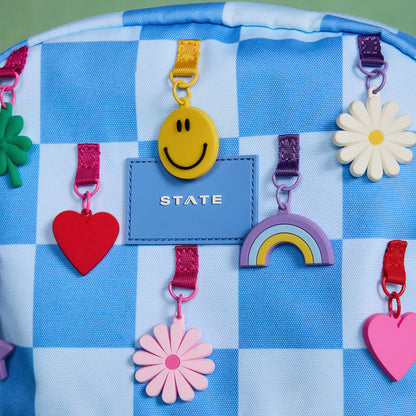 State Bags Kane Kids Double Pocket Backpack Recycled Polycanvas Charms Blue Check