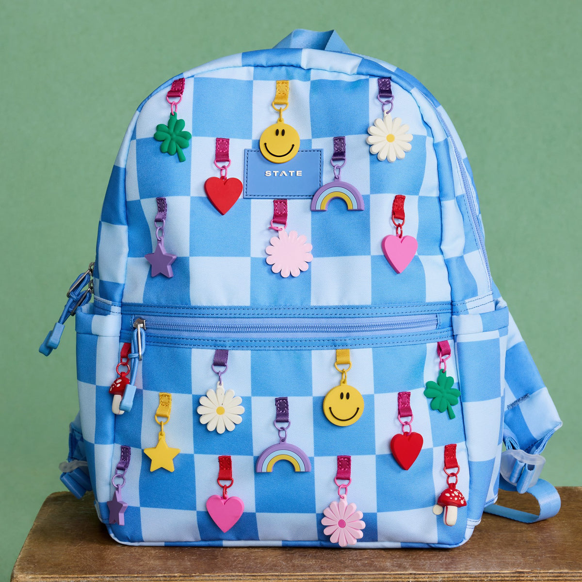 State Bags Kane Kids Double Pocket Backpack Recycled Polycanvas Charms Blue Check