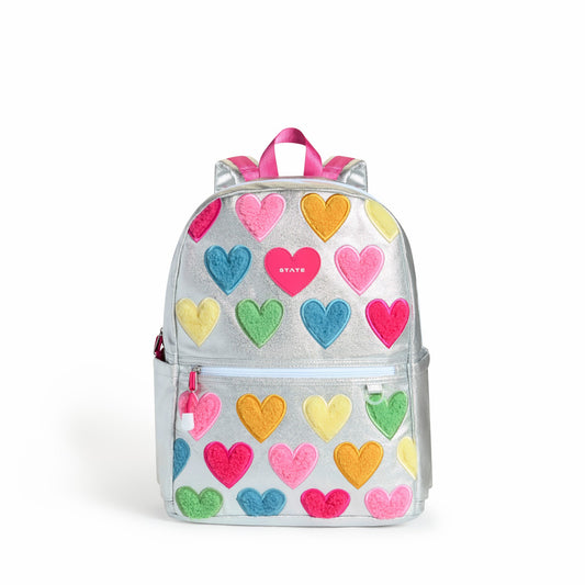 State Bags Kane Kids Double Pocket Backpack Metallic Happy Fuzzy Hearts