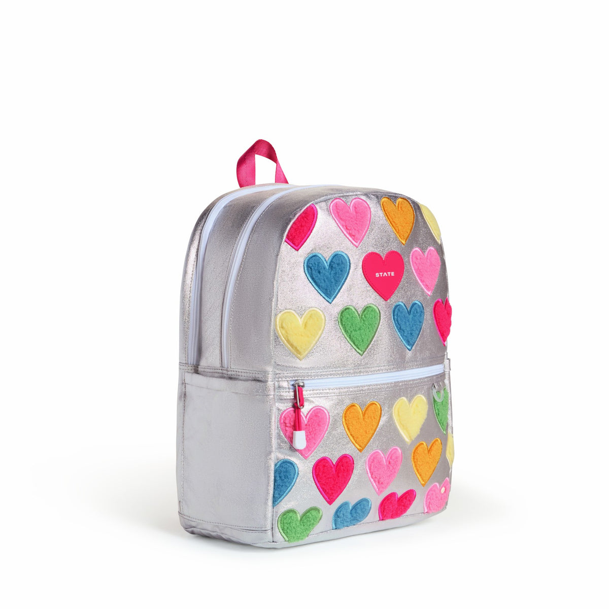 State Bags Kane Kids Double Pocket Backpack Metallic Happy Fuzzy Hearts