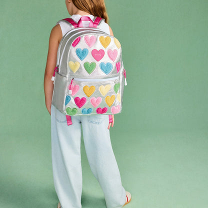 State Bags Kane Kids Double Pocket Backpack Metallic Happy Fuzzy Hearts