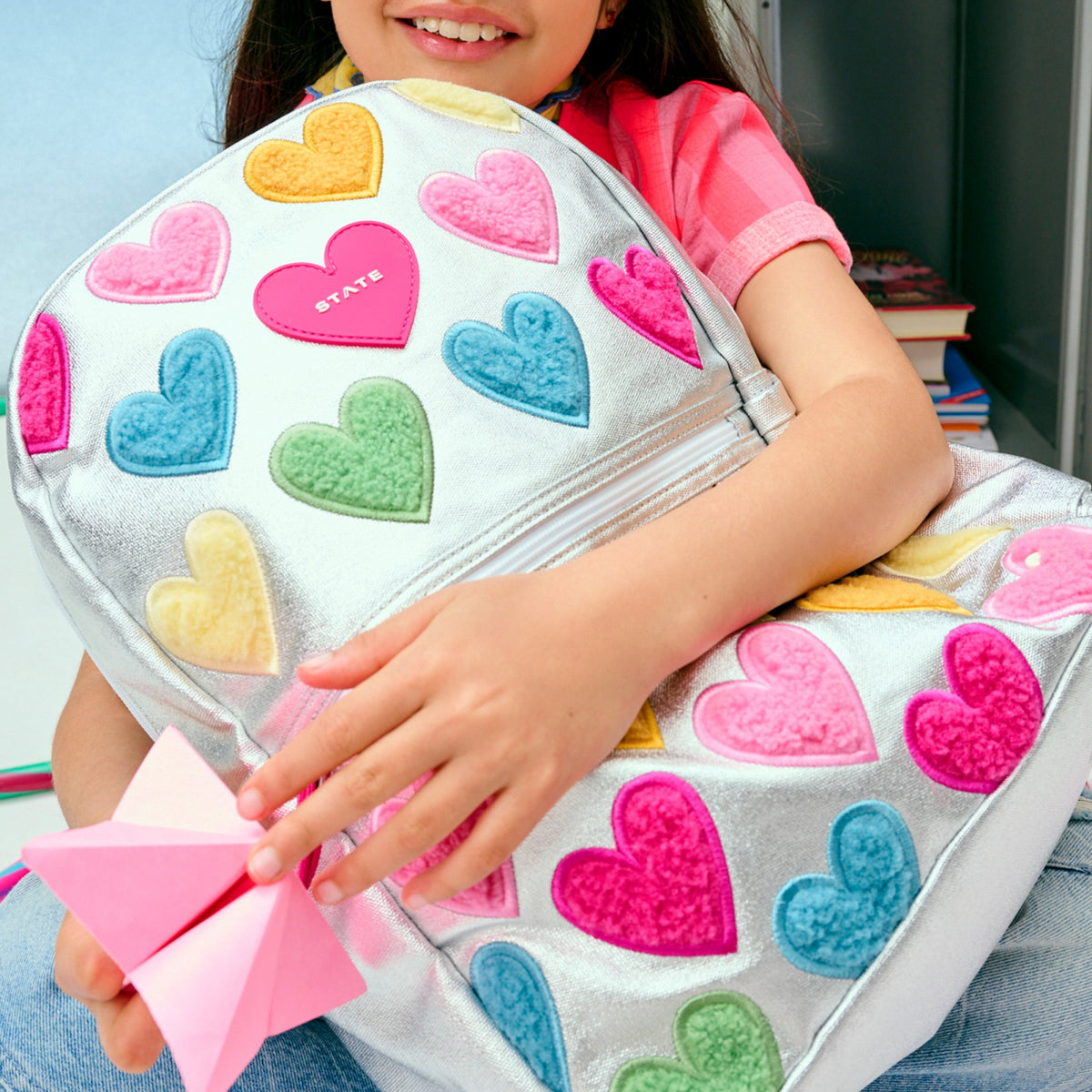 State Bags Kane Kids Double Pocket Backpack Metallic Happy Fuzzy Hearts