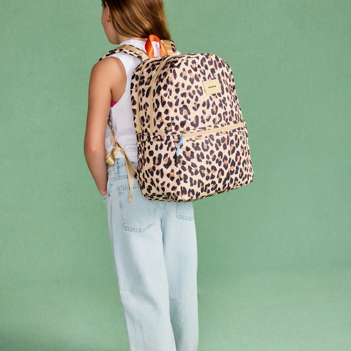 State Bags Kane Kids Double Pocket Backpack Recycled Poly Canvas Leopard