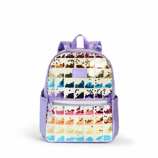 State Bags Kane Kids Double Pocket Backpack Metallic Lilac Quilted Sequins