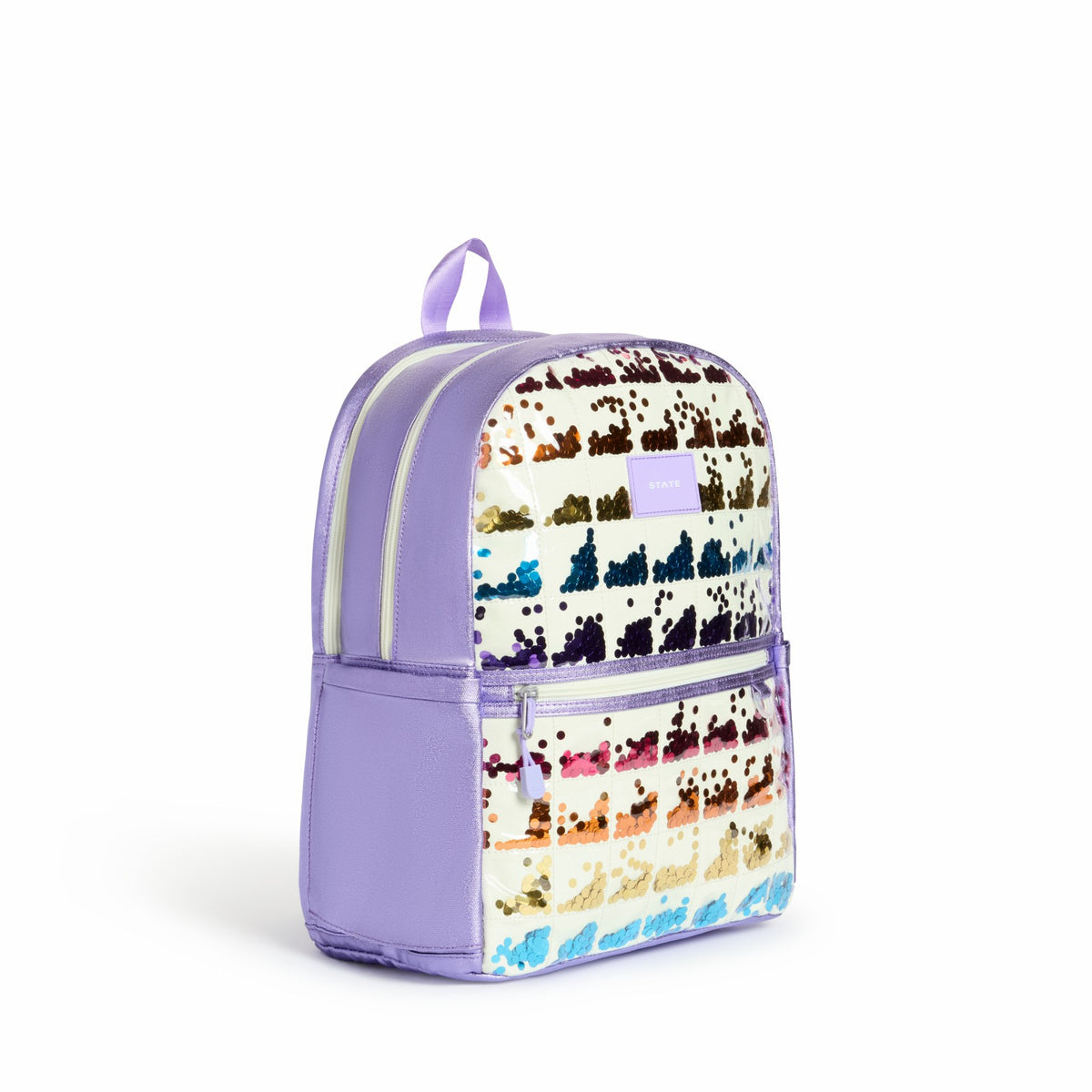 State Bags Kane Kids Double Pocket Backpack Metallic Lilac Quilted Sequins