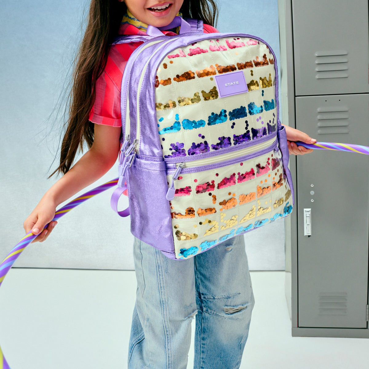 State Bags Kane Kids Double Pocket Backpack Metallic Lilac Quilted Sequins