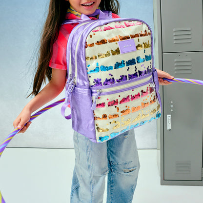 State Bags Kane Kids Double Pocket Backpack Metallic Lilac Quilted Sequins