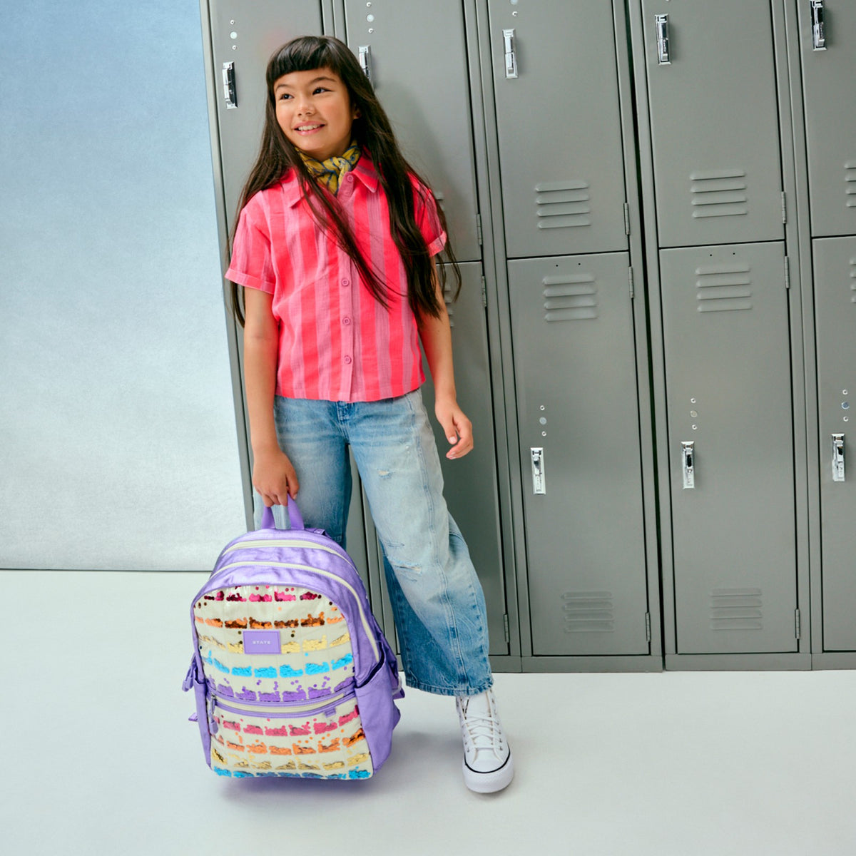 State Bags Kane Kids Double Pocket Backpack Metallic Lilac Quilted Sequins