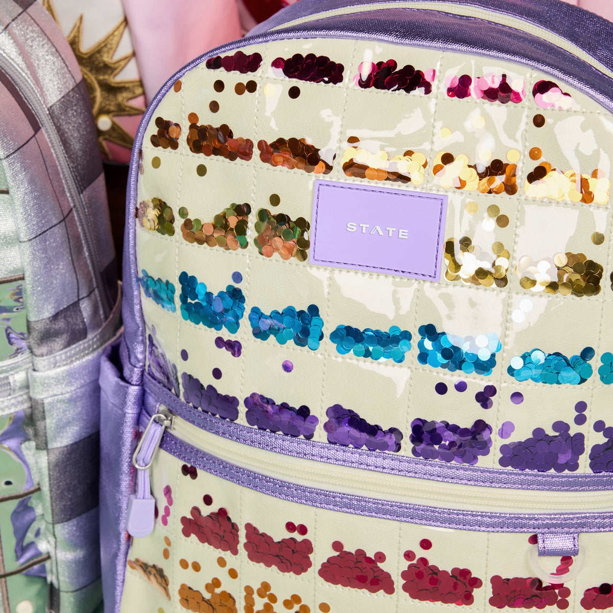State Bags Kane Kids Double Pocket Backpack Metallic Lilac Quilted Sequins