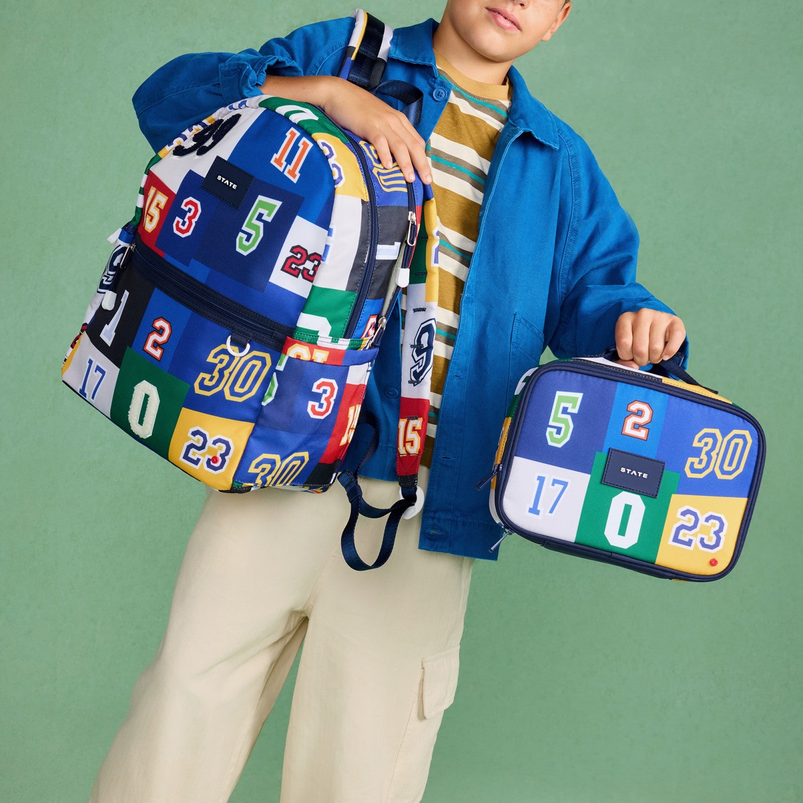 State Bags Kane Double Pocket Backpack Recycled Poly Canvas Varsity Numbers